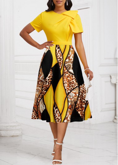 ROTITA Patchwork Leopard Yellow Round Neck Short Sleeve Dress