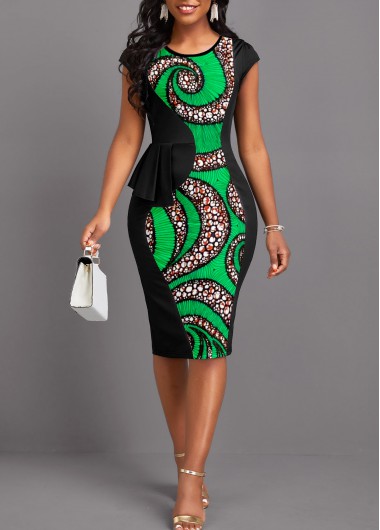 ROTITA Patchwork Tribal Print Black Round Neck Bodycon Dress