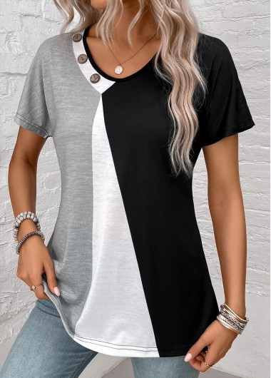 Patchwork Black V Neck Short Sleeve T Shirt
