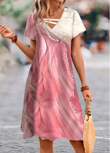 ROTITA Asymmetry Wave Pattern Print Pink A Line Dress