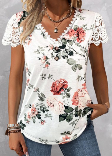 ROTITA Lace Floral Print White V Neck T Shirt