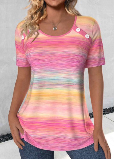 ROTITA Button Ombre Pink Round Neck Short Sleeve T Shirt