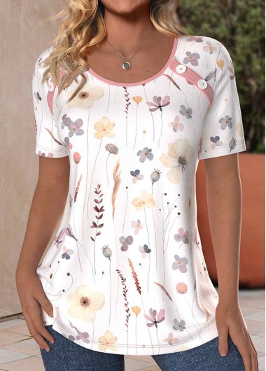 ROTITA Button Floral Print White Round Neck T Shirt