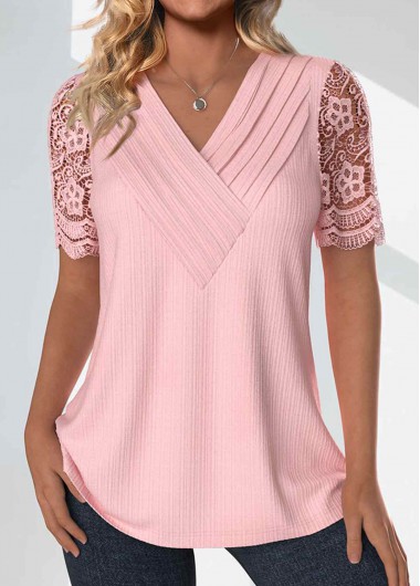 ROTITA Tuck Stitch Light Pink V Neck T Shirt