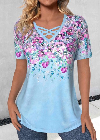 ROTITA Criss Cross Floral Print Light Blue T Shirt