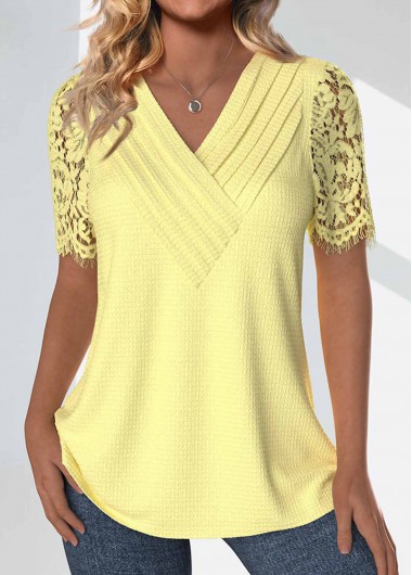 ROTITA Lace Light Yellow V Neck Short Sleeve T Shirt