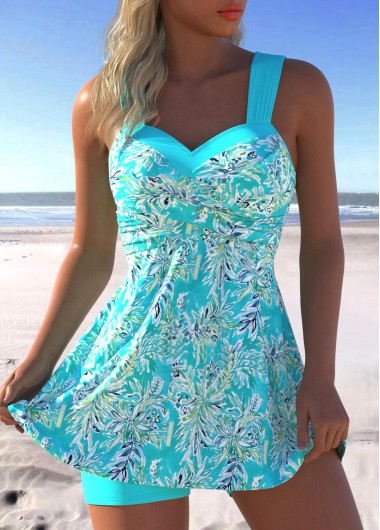 ROTITA Surplice Cyan Leaf Print Swimdress and Shorts