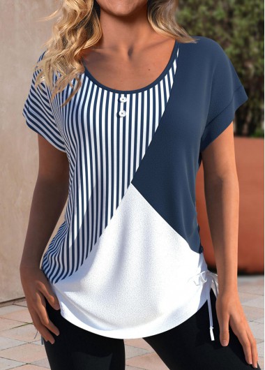 ROTITA Patchwork Striped Navy Round Neck Short Sleeve T Shirt