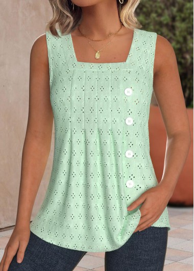 ROTITA Jacquard Light Green Square Neck Sleeveless Tank Top
