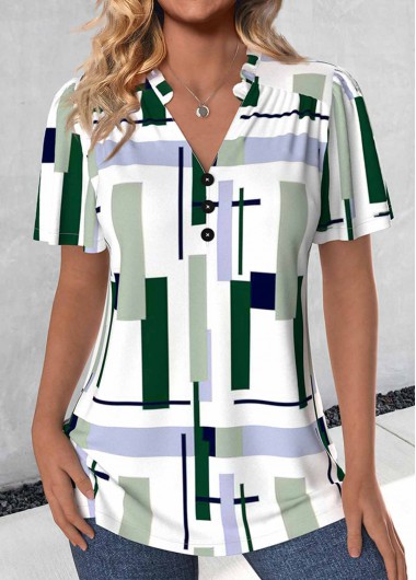 ROTITA Split Geometric Print Multi Color V Neck Blouse