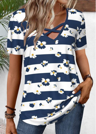 ROTITA Criss Cross Striped Navy V Neck T Shirt