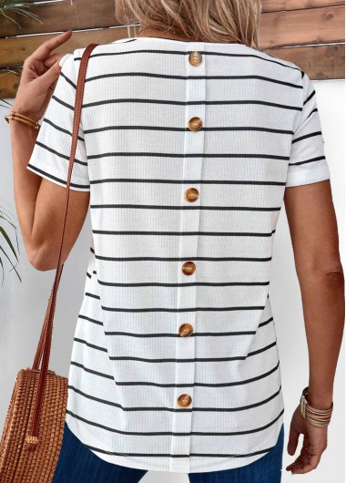 ROTITA Button Striped White Round Neck Short Sleeve T Shirt