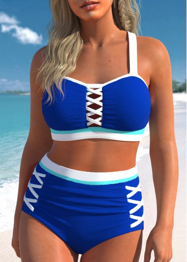 ROTITA Criss Cross Patchwork Royal Blue Bikini Set
