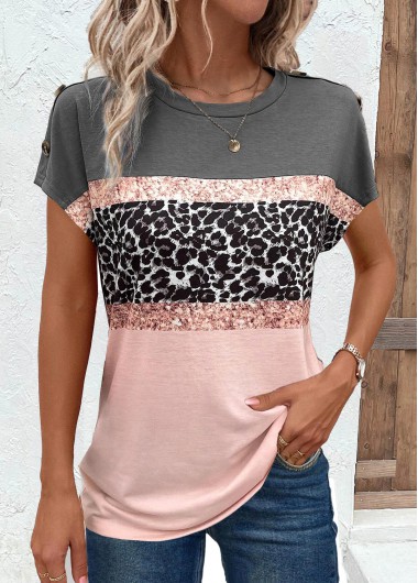 Button Leopard Pink Round Neck Short Sleeve T Shirt
