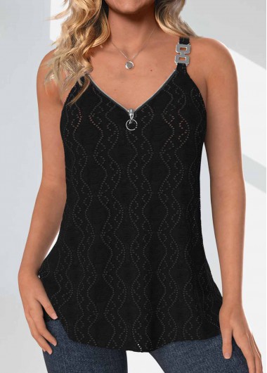 ROTITA Textured Fabric Black V Neck Strappy Camisole Top