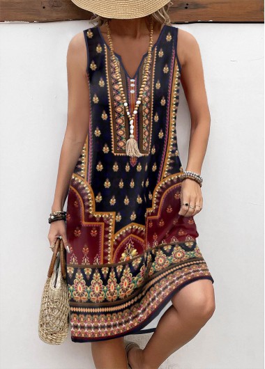 ROTITA Button Tribal Print Multi Color A Line Sleeveless Dress