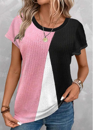 ROTITA Patchwork Geometric Print Black Round Neck T Shirt