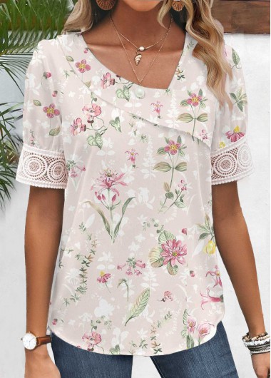 ROTITA Patchwork Floral Print Light Pink Asymmetrical Neck Blouse