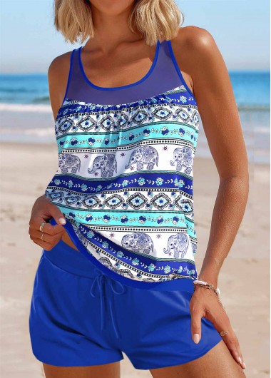 ROTITA Mesh Purplish Blue Tribal Print Tankini Set