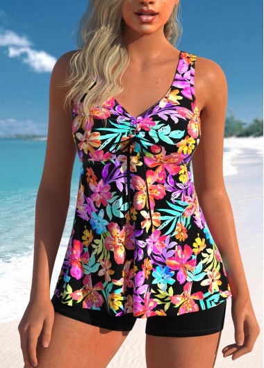 ROTITA Drawstring Multi Color Floral Print Tankini Top