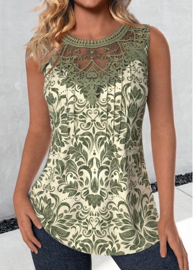 ROTITA Embroidery Tribal Print Sage Green Round Neck Tank Top