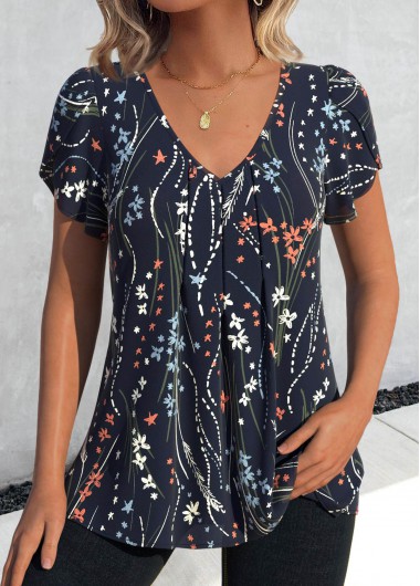 ROTITA Floral Print Navy V Neck Short Sleeve T Shirt