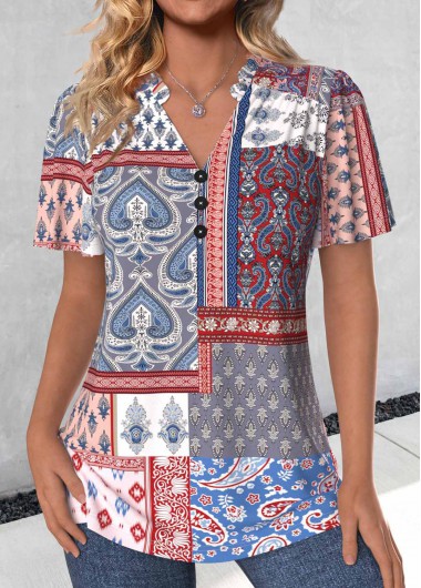 ROTITA Button Patchwork Multi Color V Neck Short Sleeve Blouse