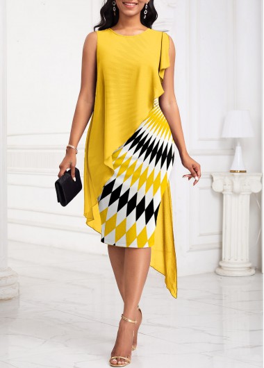 ROTITA Patchwork Wave Pattern Print Yellow Round Neck Bodycon Dress