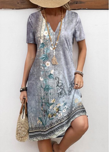 ROTITA Button Floral Print Grey A Line Split Neck Dress