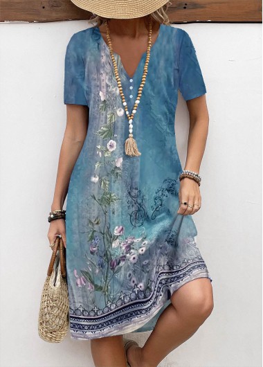 ROTITA Button Floral Print Blue A Line Split Neck Dress