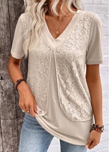 ROTITA Layered Light Camel V Neck Short Sleeve Blouse