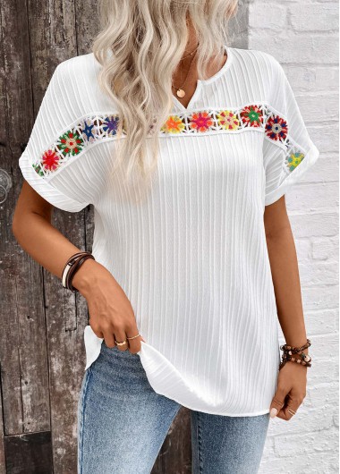 ROTITA Split Patchwork White Short Sleeve Blouse