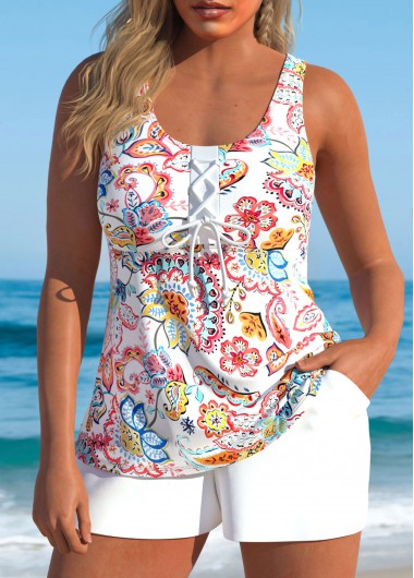 ROTITA Lace Up White Paisley Print Tankini Set