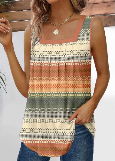 ROTITA Pleated Striped Multi Color Square Neck Tank Top