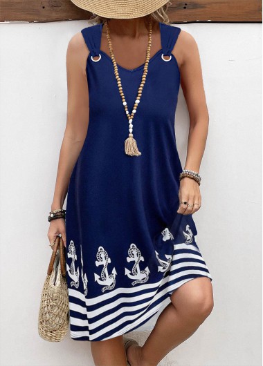 ROTITA Pocket Geometric Print Navy A Line V Neck Dress