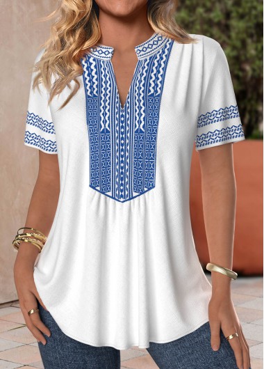 ROTITA Patchwork Tribal Print White Split Neck Short Sleeve Blouse