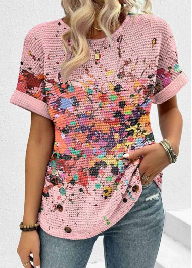 ROTITA Patchwork Dazzle Colorful Print Pink Round Neck T Shirt