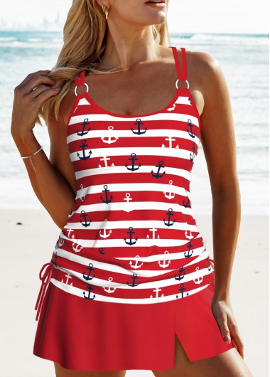 ROTITA Circular Ring Red Striped Tankini Set