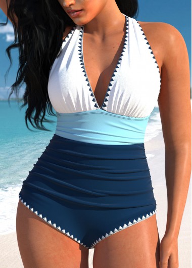 ROTITA Patchwork Navy Tie One Piece Swimwear