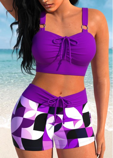 ROTITA Bowknot Purple Geometric Print Bikini Set