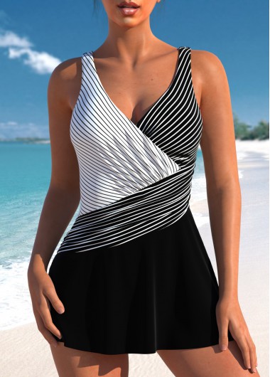 ROTITA Surplice Black Striped One Piece Swimdress