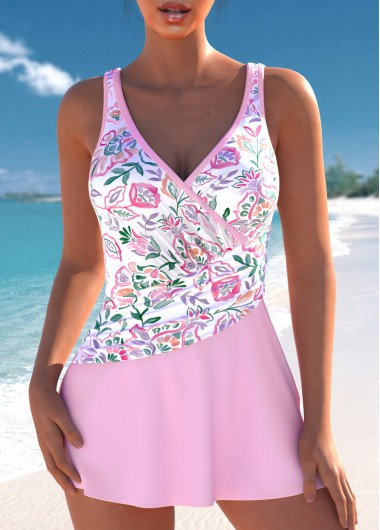ROTITA Surplice Light Pink Floral Print One Piece Swimdress