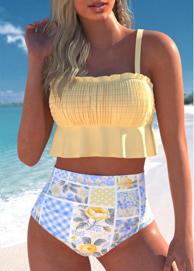 ROTITA Smocked Light Yellow Floral Print Bikini Set