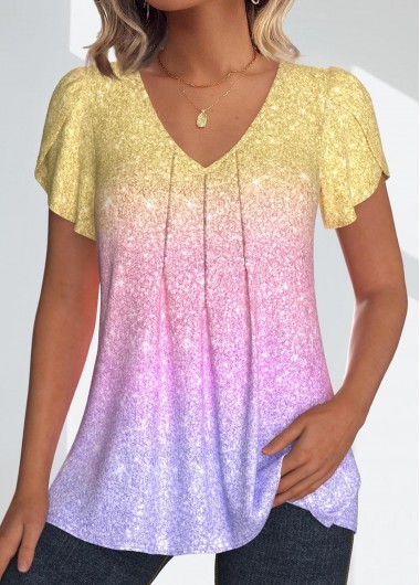 ROTITA Tuck Stitch Ombre Multi Color V Neck T Shirt
