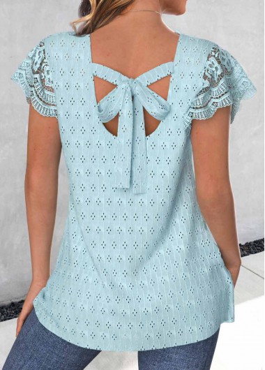 ROTITA Bowknot Light Blue V Neck Short Sleeve T Shirt