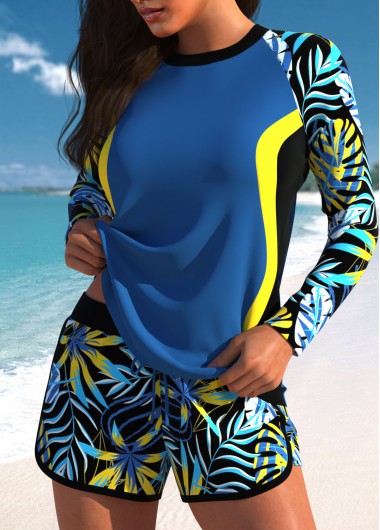 ROTITA Contrast Binding Dusty Blue Tropical Plants Print Tankini Set