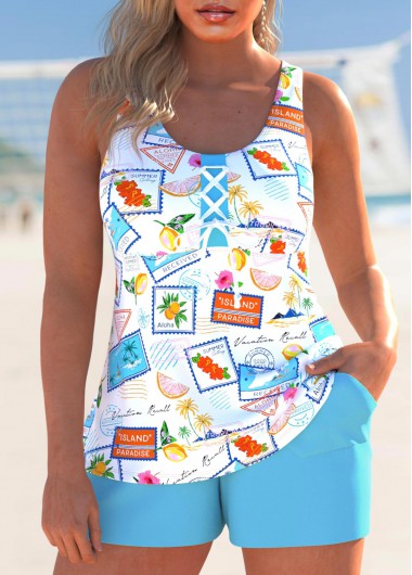 ROTITA Lace Up Cyan Letter Print Tankini Set