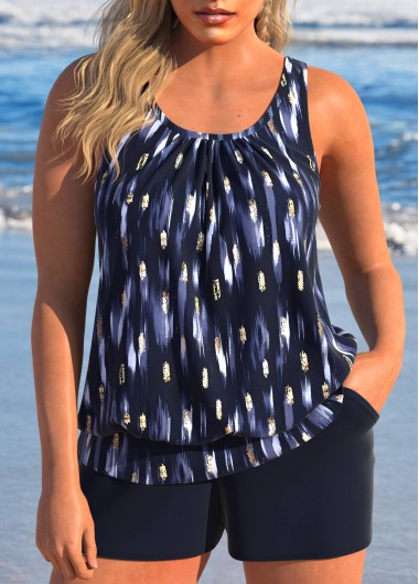 ROTITA Ruched Dark Blue Polka Dot Tankini Set