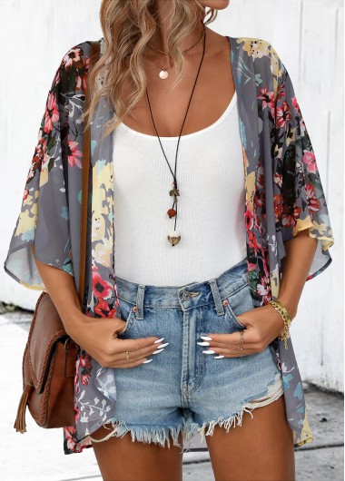 Floral Print 3/4 Sleeve Dark Grey Cardigan