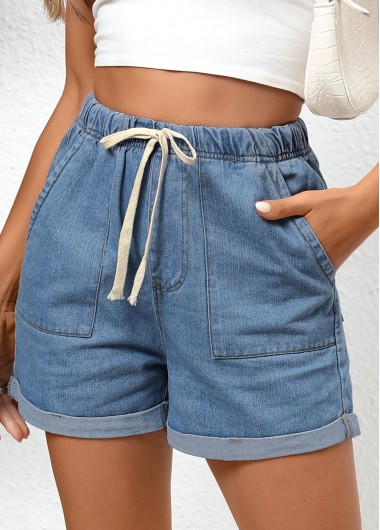 Double Side Pockets Denim Blue Regular Elastic Waist Shorts